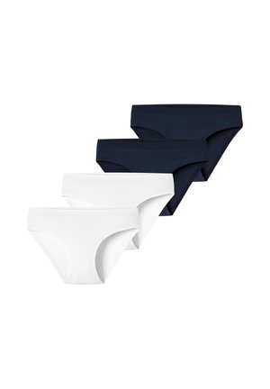 Zestaw czterech bezszwowych majtek bikini w czerni i bieli, ułożonych w naprzemienny rząd na białym tle.