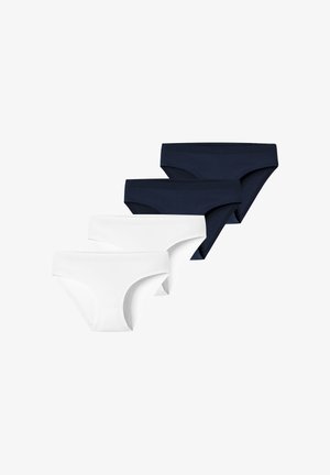 Ensemble de quatre culottes bikini sans coutures en noir et blanc, disposées en rangée décalée sur un fond blanc.