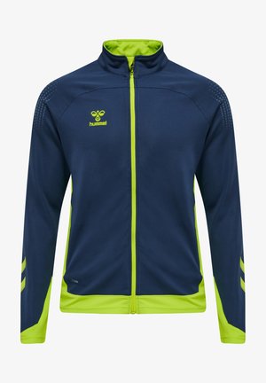 Granatowa kurtka z pełnym zamkiem, kontrastowe akcenty w limonkowej zieleni na kołnierzu i bokach, teksturowany materiał oraz logo na piersi.