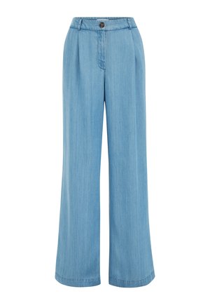 Pantalon large bleu clair en denim doux. Il présente une fermeture à boutons sur le devant, des plis et un ourlet net sans ornements.