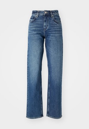 Jeans a vita alta e gamba larga realizzati in denim blu. Presentano cinque tasche, una chiusura con bottone e un leggero sbiadimento sul tessuto.
