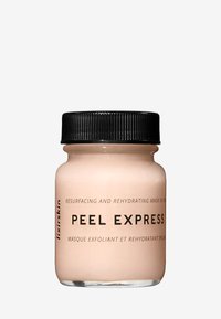 Roze glazen pot met een zwarte geribbelde deksel, gelabeld "PEEL EXPRESS." De textuur lijkt romig; het ontwerp is gericht op huidverzorging en hydratatie.
