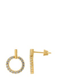 Boucles d'oreilles dorées avec un design circulaire orné de pierres précieuses transparentes et un tige droite avec de plus petites pierres.