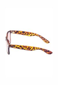 Sunglasses su šelako rėmeliu, su rudu ir oranžiniu raštu ant šventyklų ir šviesiais lęšiais.