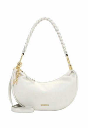Hvid håndtaske formet som en halvmåne med flettet hank, guldfarvede detaljer, lynlås og aftagelig tynd rem.