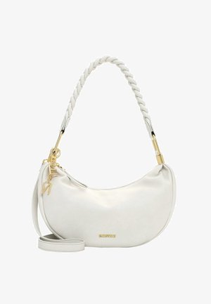 Bílá kabelka ve tvaru měsíčního srpku s opleteným uchem, zlatými doplňky, zapínáním na zip a odnímatelným tenkým popruhem.