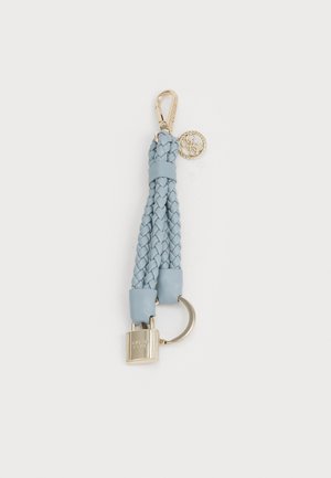 Light blue braided leather keychain with a gold-tone metal clip and ring, featuring a decorative gold charm with an embossed logo.