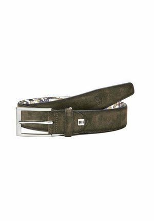 Suede belt in dark green with a silver metal buckle. Features a textured surface and a patterned interior lining.
