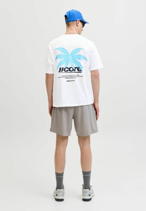 Mężczyzna w białej koszulce z niebieskim nadrukiem palmy, szarych szortach, szarych skarpetach, białych sportowych butach, niebieskiej czapce i czarnych okularach przeciwsłonecznych, stoi tyłem.