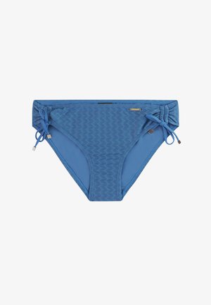 Blauer Bikini-Slip aus strukturiertem Stoff mit gewebtem Muster, ausgestattet mit Kordelzügen und silbernen Beschlägen an der Seite.