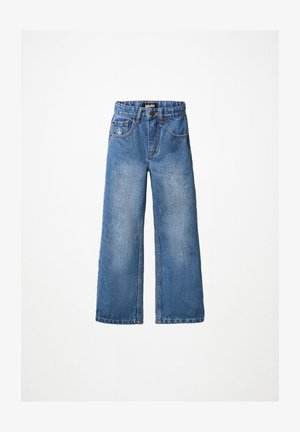 Blå vidde denim jeans med høj talje, knapp foran og fredssymbol broderi på den lille højre lomme.