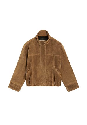 Brown suede bomber jacket with high collar, front zipper and snap buttons, elastic waistband, and two angled side pockets.
