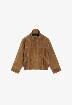 Braune Wildleder-Bomberjacke mit hohem Kragen, Frontreißverschluss und Druckknöpfen, elastischem Bund und zwei schrägen Seitentaschen.