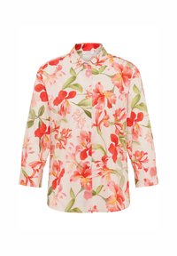 Floral shirt with a cream background, featuring red and pink flowers and green leaves, button-up front, and three-quarter sleeves.