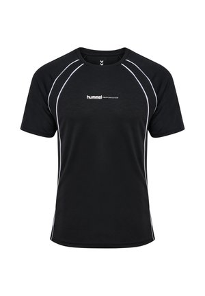 Sort atletisk t-shirt med hvide kontrastsømme og logo på brystet. Har rund halsudskæring og korte ærmer. Letvægtsstof.