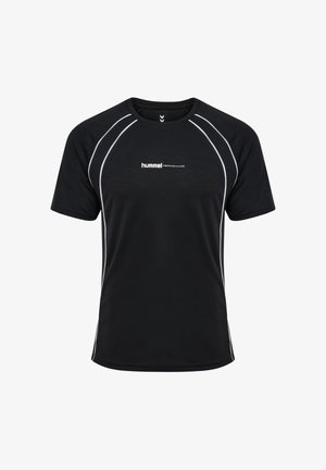 Sort atletisk t-shirt med hvide kontrastsømme og logo på brystet. Har rund halsudskæring og korte ærmer. Letvægtsstof.