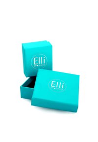 Schmuckkästchen in Blaugrün mit glatter Oberfläche, vorne mit einem weißen Logo bedruckt, geöffnet, um ein schwarzes Innenleben zu zeigen.