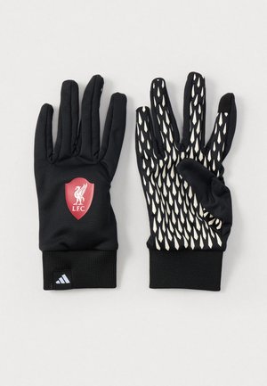 Čierne rukavice s červeným logom Liverpool FC. Jedna rukavica má textúrovaný biely vzor na dlani pre lepší úchop. Vyrobené z mäkkého, flexibilného materiálu.