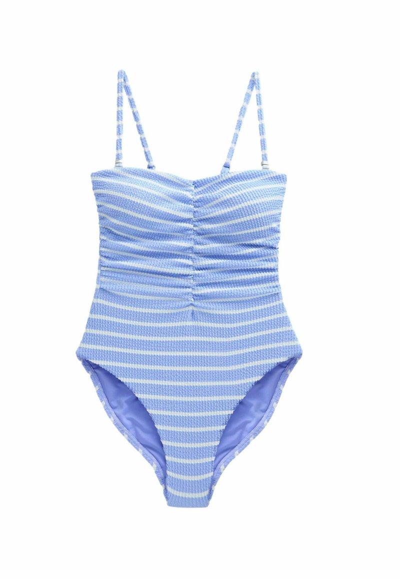 Maillot de bain une pièce bleu clair avec des rayures blanches horizontales, tissu froncé, bretelles ajustables et doublure intérieure lisse.