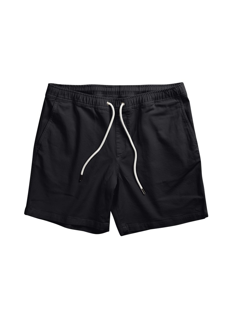 Pantaloni corti neri realizzati in tessuto leggero, con vita elastica e cordino bianco. Presenti cuciture interne e tasche laterali.