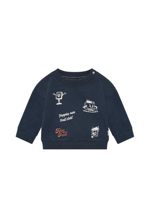 Marineblauw babytruitje met cartoonillustraties van toast en koffiekopje en tekst met "Noppies own Toast club" en "Tiny but true."