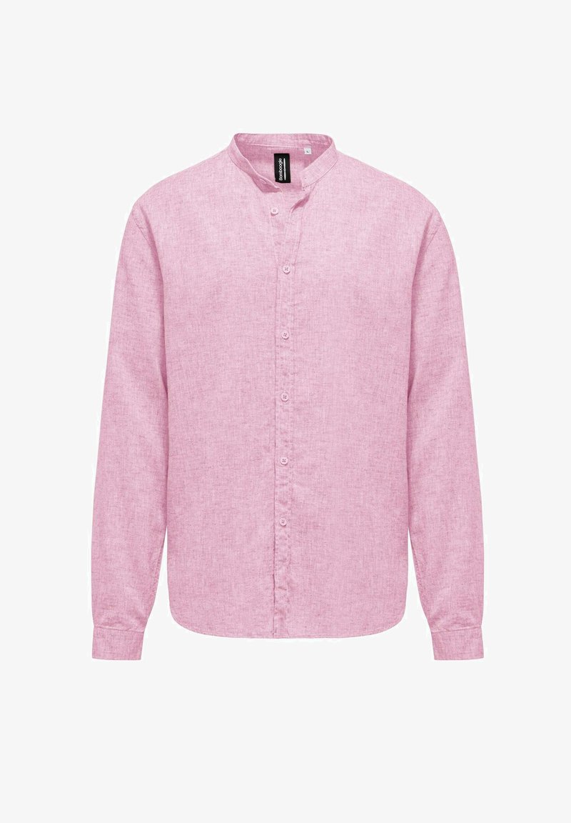 Lange mouwen shirt in lichtroze linnen met een bandkraag, voor knoopsluiting en subtiel gestructureerde stof. Getailleerde pasvorm, geen patronen.