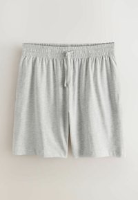 Szorty z jasnoszarej elastycznej talii z troczkiem, wykonane z miękkiego, lekkiego materiału, prezentowane na neutralnym tle.