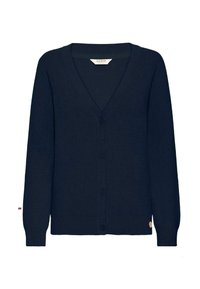 Cardigan bleu marine, design en V, fermeture à boutons, bords côtelés aux poignets et à l'ourlet, fabriqué en matériau doux, avec un petit logo sur le côté inférieur.