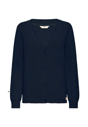 Cardigan bleu marine, design en V, fermeture à boutons, bords côtelés aux poignets et à l'ourlet, fabriqué en matériau doux, avec un petit logo sur le côté inférieur.