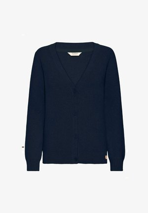 Navy blue cardigan, V-neck design, button closure, ribbed cuffs and hem, made of soft material, featuring a small logo accent on the lower side.