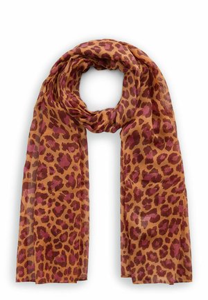 Lekki brązowy szalik z ciemnoróżowym i brązowym wzorem w cętki lamparta, luźno owinięty u góry.