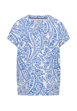 Biała bluzka z krótkim rękawem z niebieskim kwiatowym wzorem paisley, dekoltem w serek i luźnym krojem.