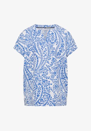 Biała bluzka z krótkim rękawem z niebieskim kwiatowym wzorem paisley, dekoltem w serek i luźnym krojem.