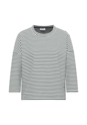 Långärmad vit stickad tröja med mörkgröna horisontella zigzag-ränder och rund halsringning.