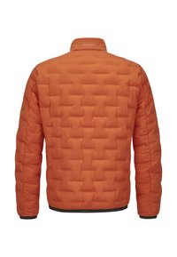 Orangefarbene gesteppte Steppjacke mit rundem Kragen, langen Ärmeln und schwarzen Akzenten an Bündchen und Saum. Mit Markenlogo in der Nähe des Kragens.