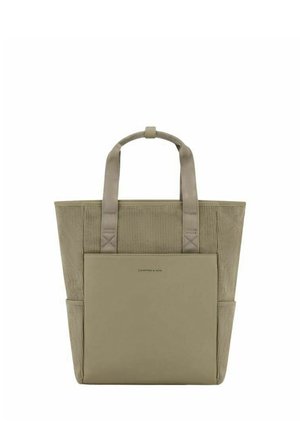 Beige Tragetasche mit zwei Griffen, Vorderfach und Seitentaschen, aus Mischgewebe gefertigt mit einem dezenten Markenlogo auf dem Vorderfach.