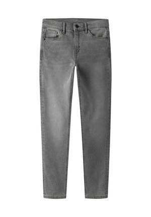 Herre-slimfit grå denimjeans med fem lommer, bæltestropper og knaplukning, lagt fladt på en hvid baggrund.