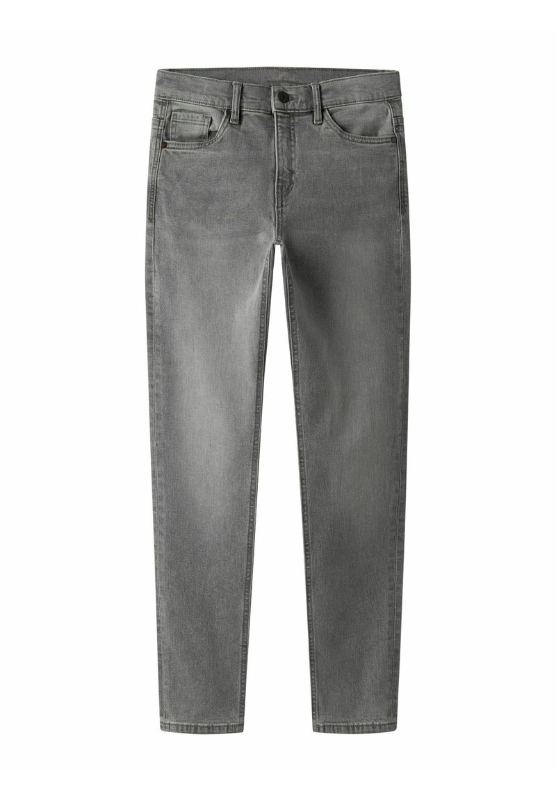 Jeans en denim gris avec un design classique à cinq poches, jambe droite, légères décolorations et fermeture à bouton en métal.