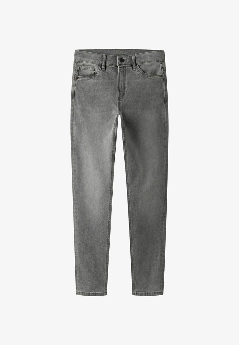 Jeans en denim gris avec un design classique à cinq poches, jambe droite, légères décolorations et fermeture à bouton en métal.