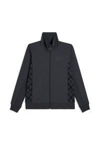 Giacca a zip grigia scura con colletto alto, dotata di pannelli laterali neri testurizzati e logo discreto sul petto. Tessuto liscio e design aderente.