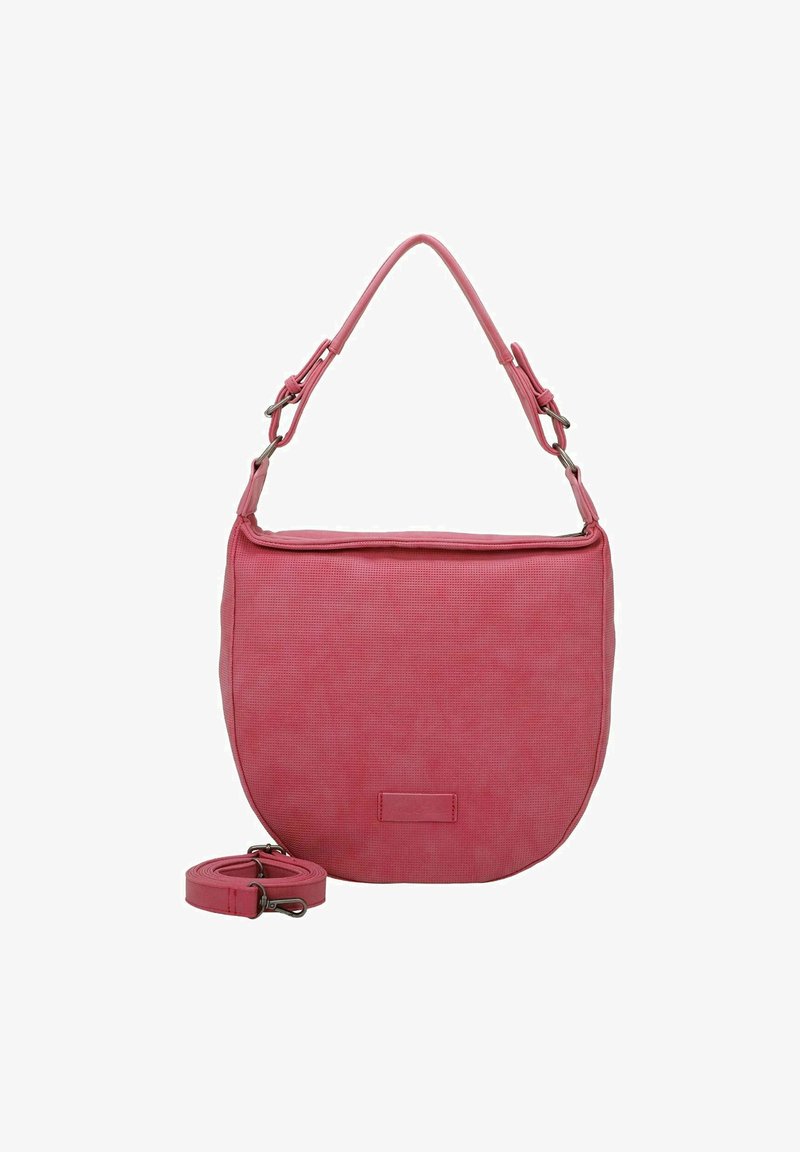 Borsa a tracolla rosa con texture, dalla forma curva, con chiusura a zip, tracolla regolabile e etichetta rettangolare per il branding.