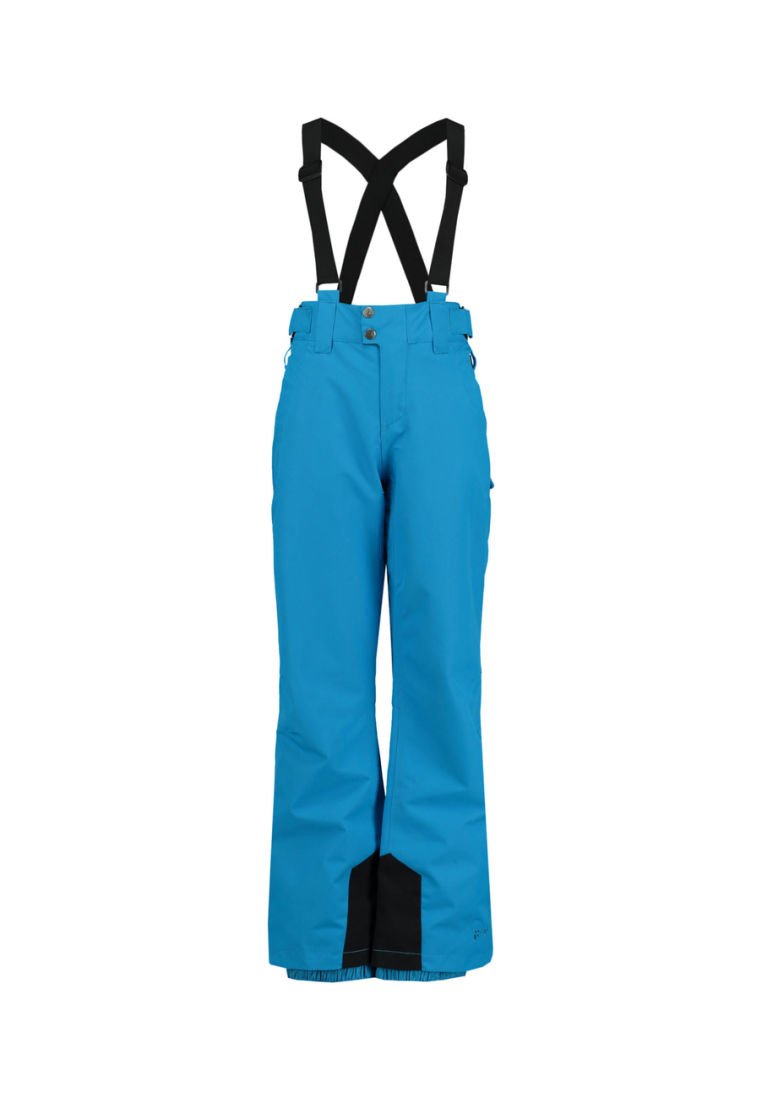 Blauwe waterdichte skibroek met verstelbare zwarte bretels, wijde pijpen, sluiting met een knoop aan de voorkant en versterkte zwarte accenten bij de manchetten.