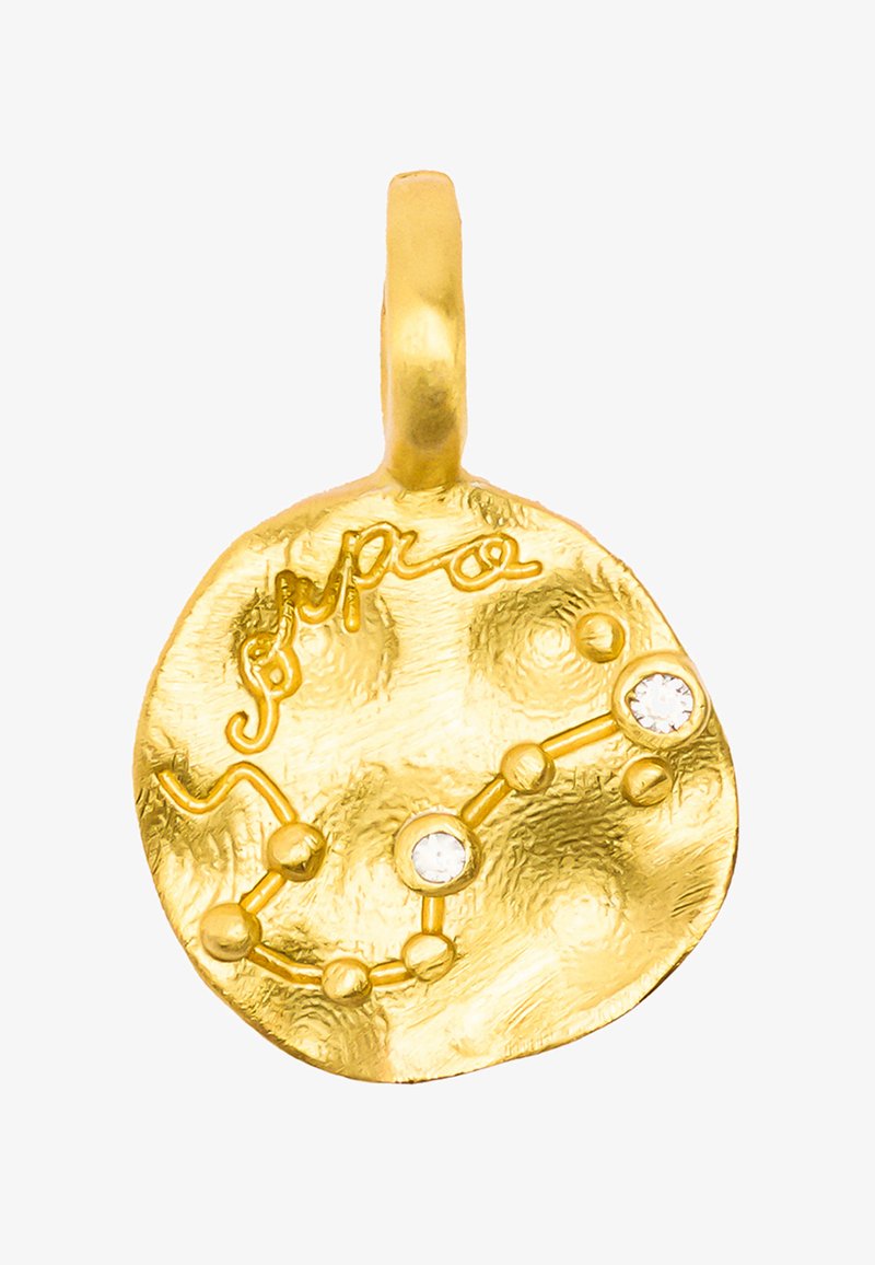 Złoty wisiorek z fakturowaną powierzchnią, ozdobiony motywem konstelacji oraz dwoma małymi przezroczystymi kamieniami. Wygrawerowane jest słowo "sorp".