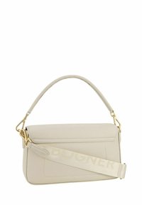 Borsa a mano in pelle beige con design strutturato, presenta dettagli in metallo dorato, un manico superiore e una tracolla staccabile con marchio in rilievo.