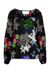 Blouse noire avec motif floral coloré, encolure froncée et poignets élastiques. Tissu léger ; présente un détail en forme de goutte d'eau au dos.