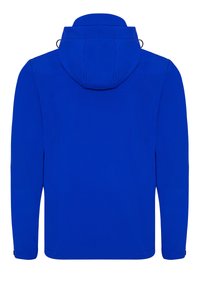 Blaue Kapuzenjacke mit langen Ärmeln, glatter Textur, verstellbarem Kordelzug an der Kapuze und minimalistischem Design, ohne sichtbare Hardware.