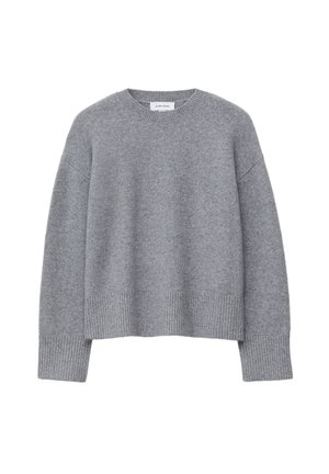 Gray knitted sweater with a crew neckline, dropped shoulders, ribbed cuffs and hem, featuring a soft texture and relaxed fit.