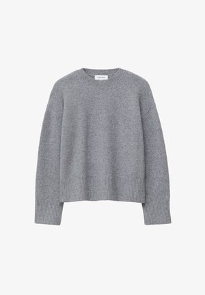 Grauer Strickpullover mit Rundhalsausschnitt, überschnittener Schulter, gerippten Bündchen und Saum, mit weicher Textur und lässiger Passform.