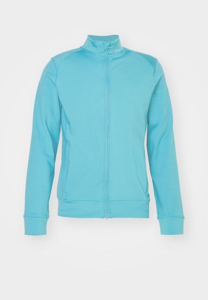 Lichtblauwe ritsjack met een hoge kraag, lange mouwen, ribgebreide manchetten en zoom; gemaakt van zachte, rekbare stof; minimale naden.