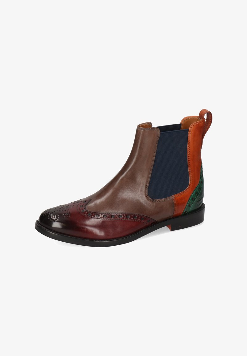 Botas Chelsea con una mezcla de cuero marrón, verde y naranja. Presentan detalles de brogue y lados elásticos para facilitar su uso. Suela plana negra.